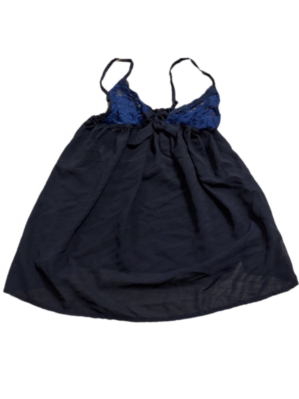Y2K British Vintage Boohoo Mesh & Lace Cups w Bow Mini Slip Dress (Navy/Blue) L